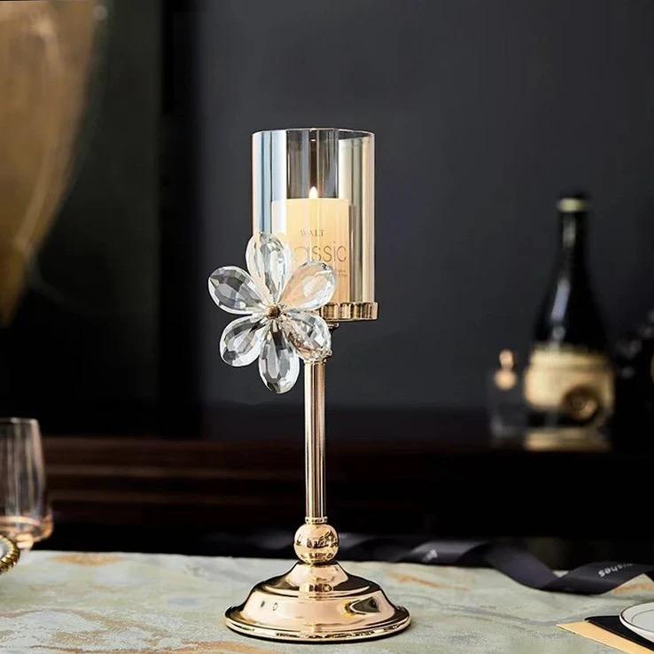 European Crystal Flower Metal Candle Holder, Vintage Romantic Candlelight Decor Stand