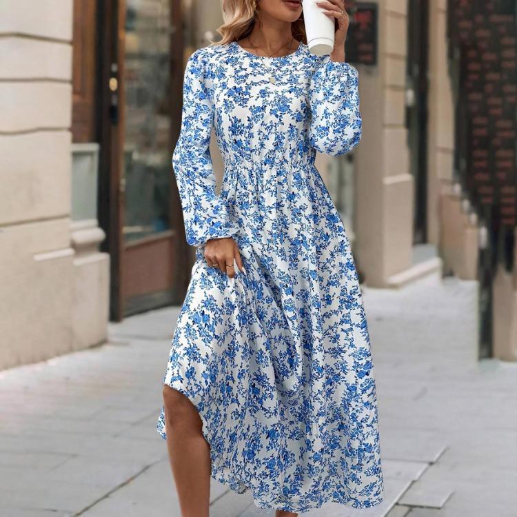 Rochii de vară casual pentru femei, cu imprimeu floral, mâneci lungi, gât rotund, croială A-line, talie înaltă elastică, lungime până la gleznă, rochii de primăvară largi