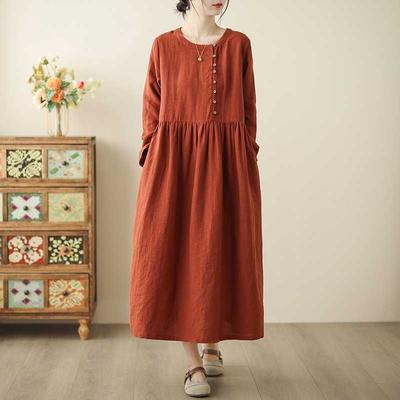 Vestido de Algodón y Lino de Manga Larga Estilo Literario Nacional Encaje Lavado con Cordones Rojo Ladrillo Fino Vestido para Mujer