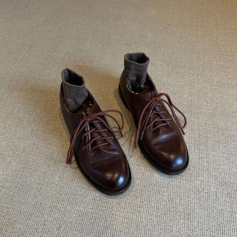 Sheepskin Version~ Retro Brown Lace-up Small Leather Shoes Women's Round Head Polishing Low Heel Comfortable Commuter Shoes Genuine Leather