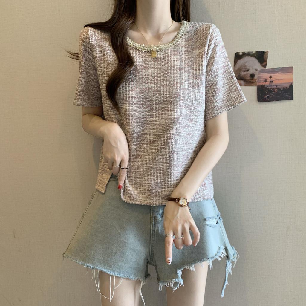 Retro Fashion Woven Plaid Top for Women's Summer Age Reduction and Stylish Versatile T-shirt