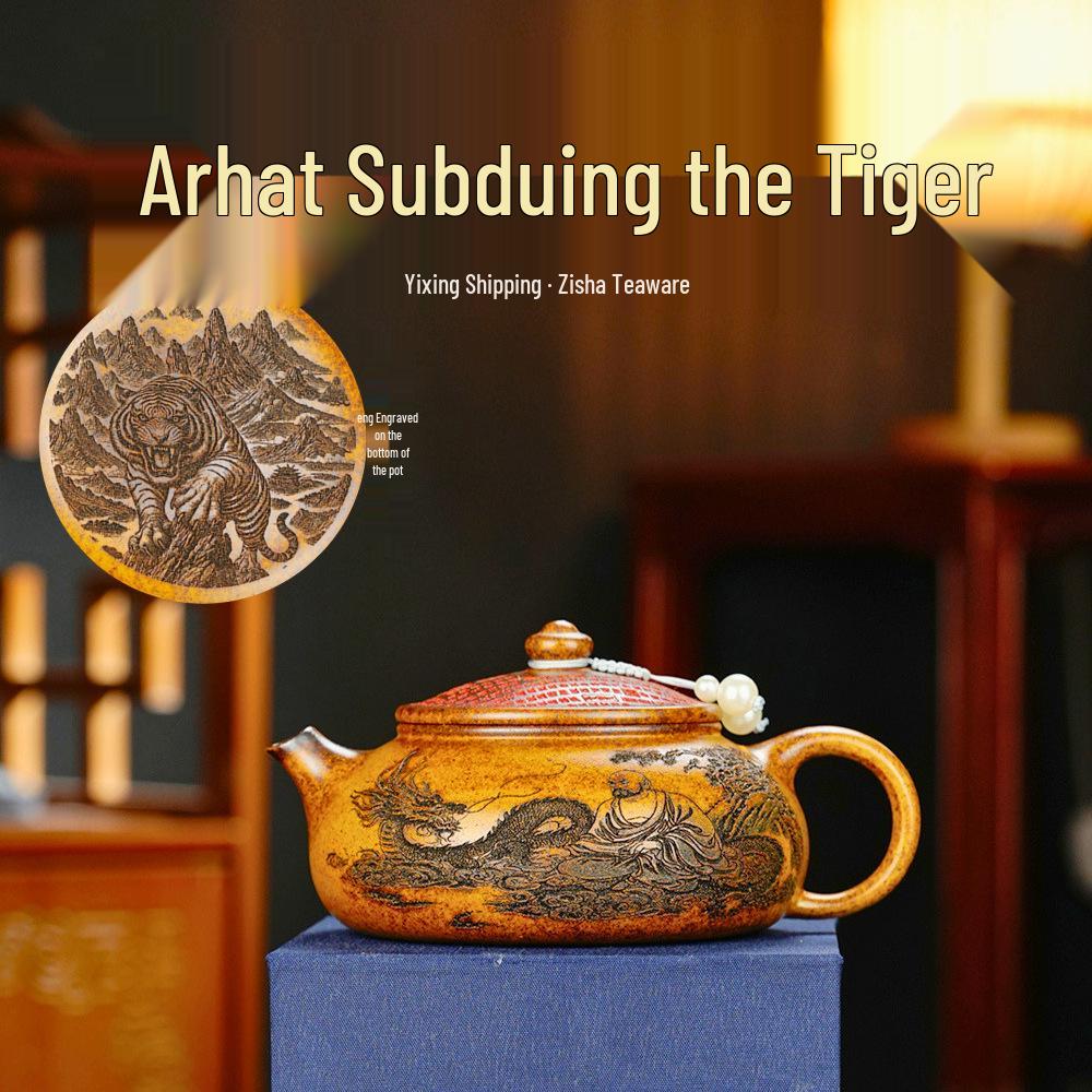 Handmade Yixing Zisha Teapot: Arhat Cold River, Original Dragon Bone Design, Gold Sand Wood-Fired.