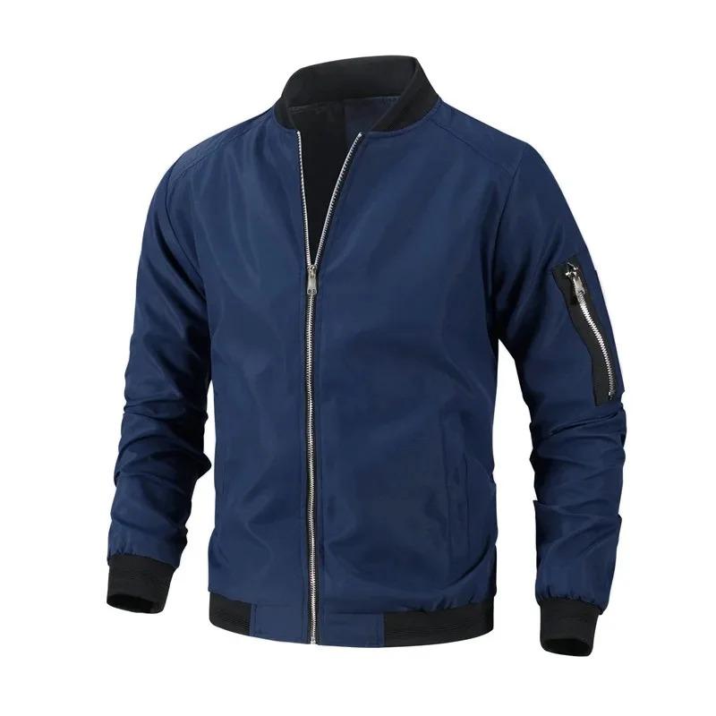Urban Streetwear Wind-Resistant Bomber Jacket for Men - Durable Full-Zip Ribbed Cuffs & Hem with Sleeve Pocket Casual Outerwear in Solid Colors