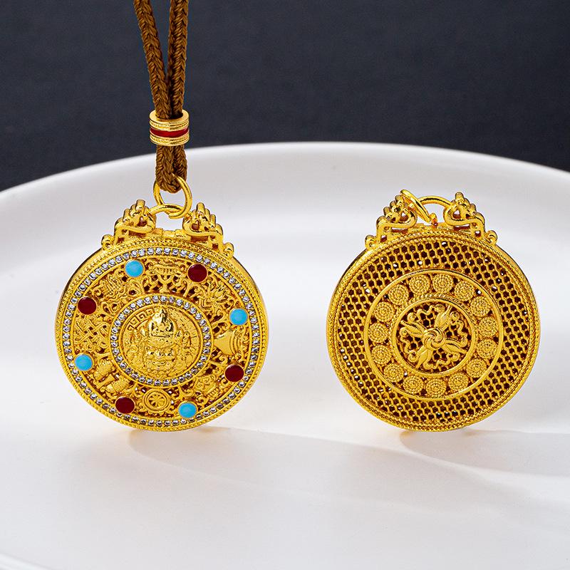 Ethnic Style Drip Oil Eight Treasures Compass Necklace with Sand Gold God of Wealth Pendant