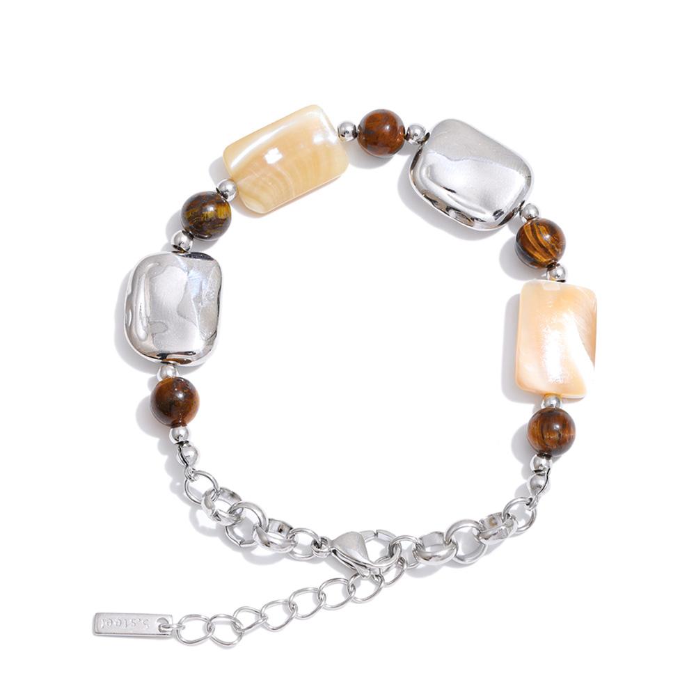 Yhpup Stainless Steel Natural Shell Tiger Stone Chain Handmade Bracelet Bangle Recommend Handmade Exquisite Charming Jewelry