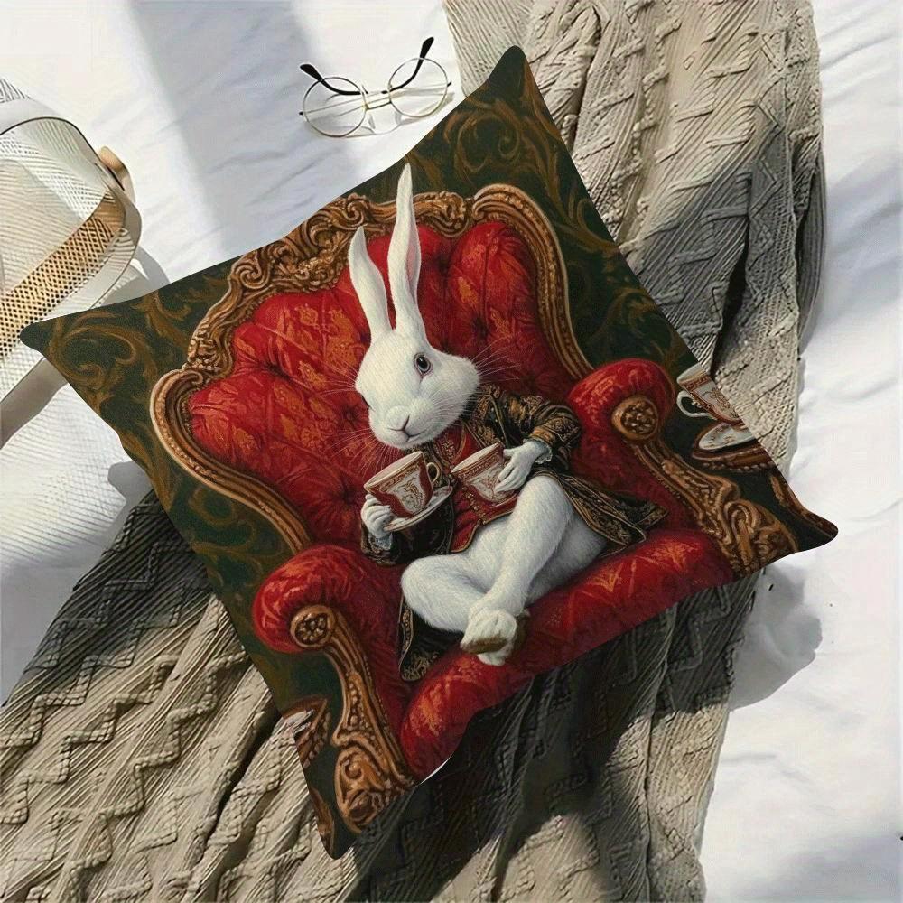 1Pc Vintage Gentleman Rabbit Tea Time Throw Pillow Cover,Suitable For Sofa,Bedroom,Living Room,A Retro Gift For Rabbit Lovers