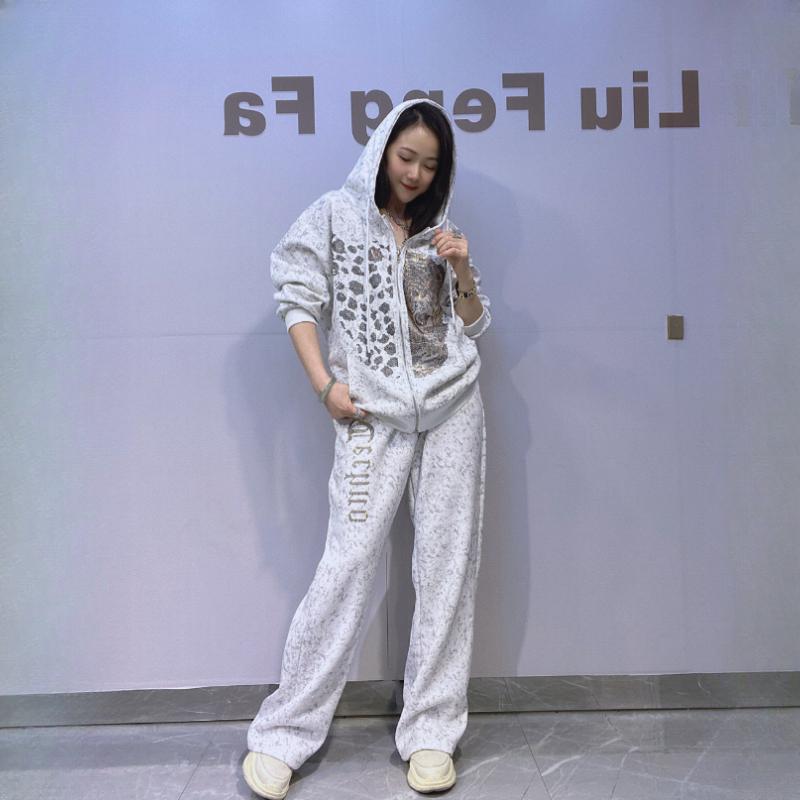 

Кардиган на молнии тай-дай, свитер большого размера, женский осенний повседневный костюм из двух предметов со стразами, прямые брюки для улицы и спорта One size белый