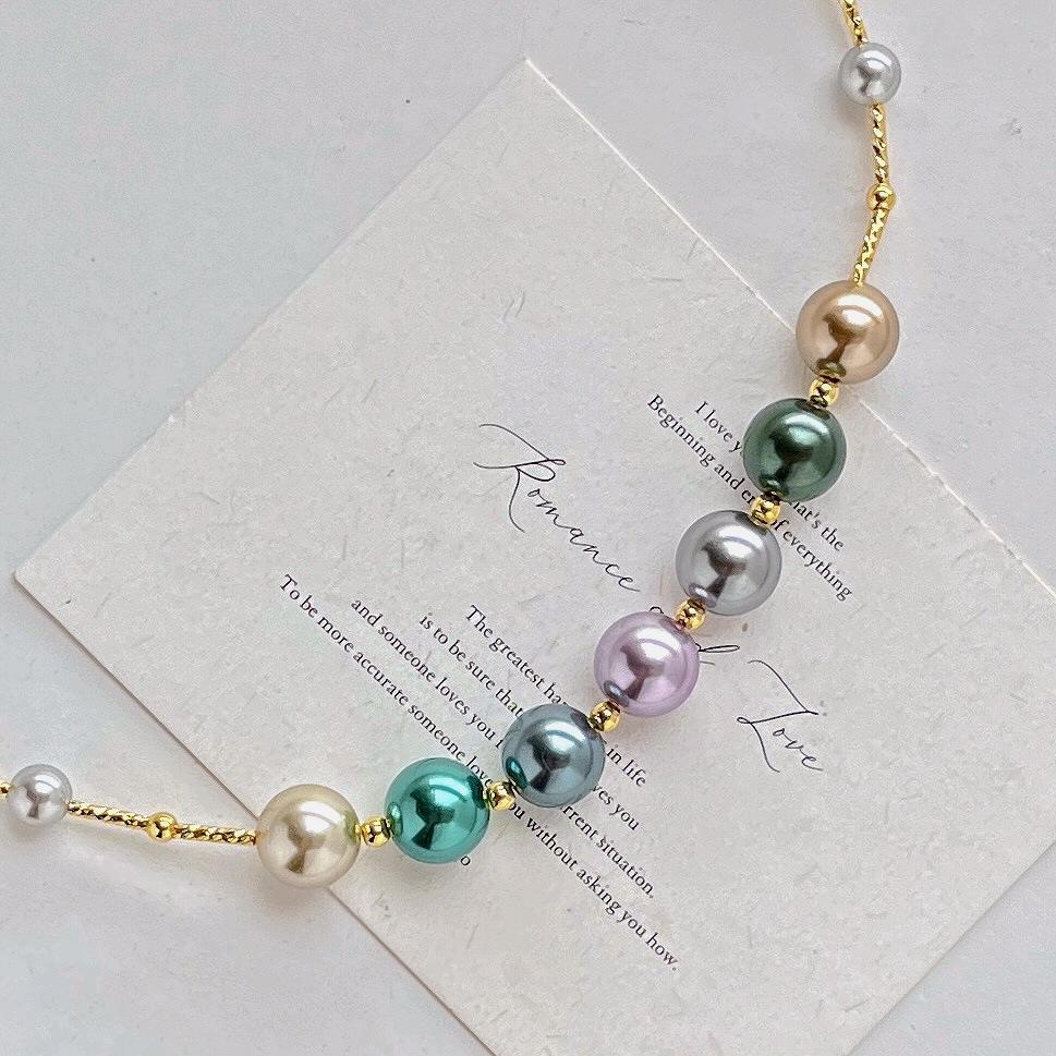 Maillard Style Peacock Green Vintage Blend Faux Crystal Pearl Necklace Collarbone Chain Sweater Chain