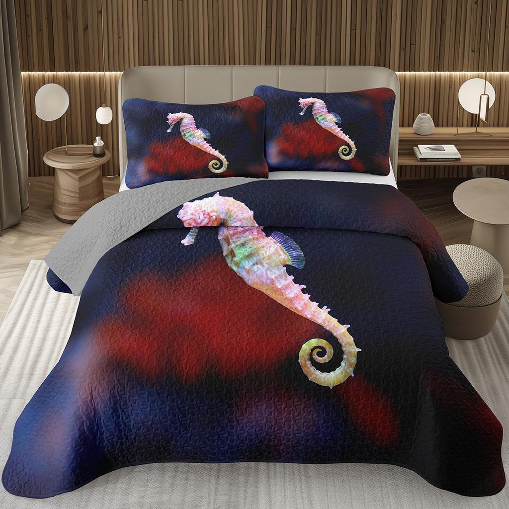 Comforter Seahorse Queen Size 3D Seahorse Printed Bedding Set Ocean Animal Quilted Marine Mediterranean Style Bed
