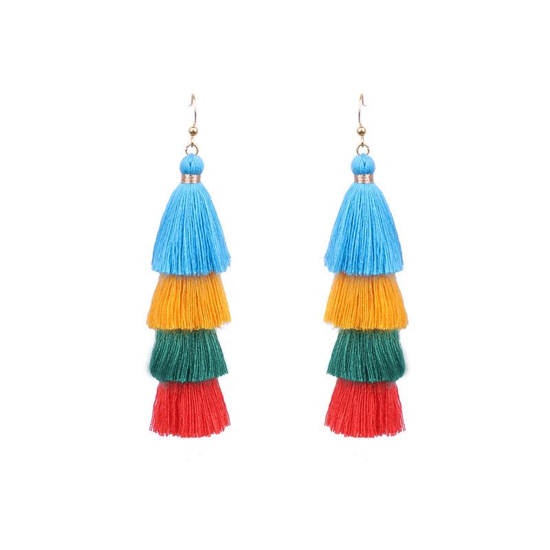 Bohemian color wool fringed earrings women's personality color matching vacation exaggerated temperament long earrings
