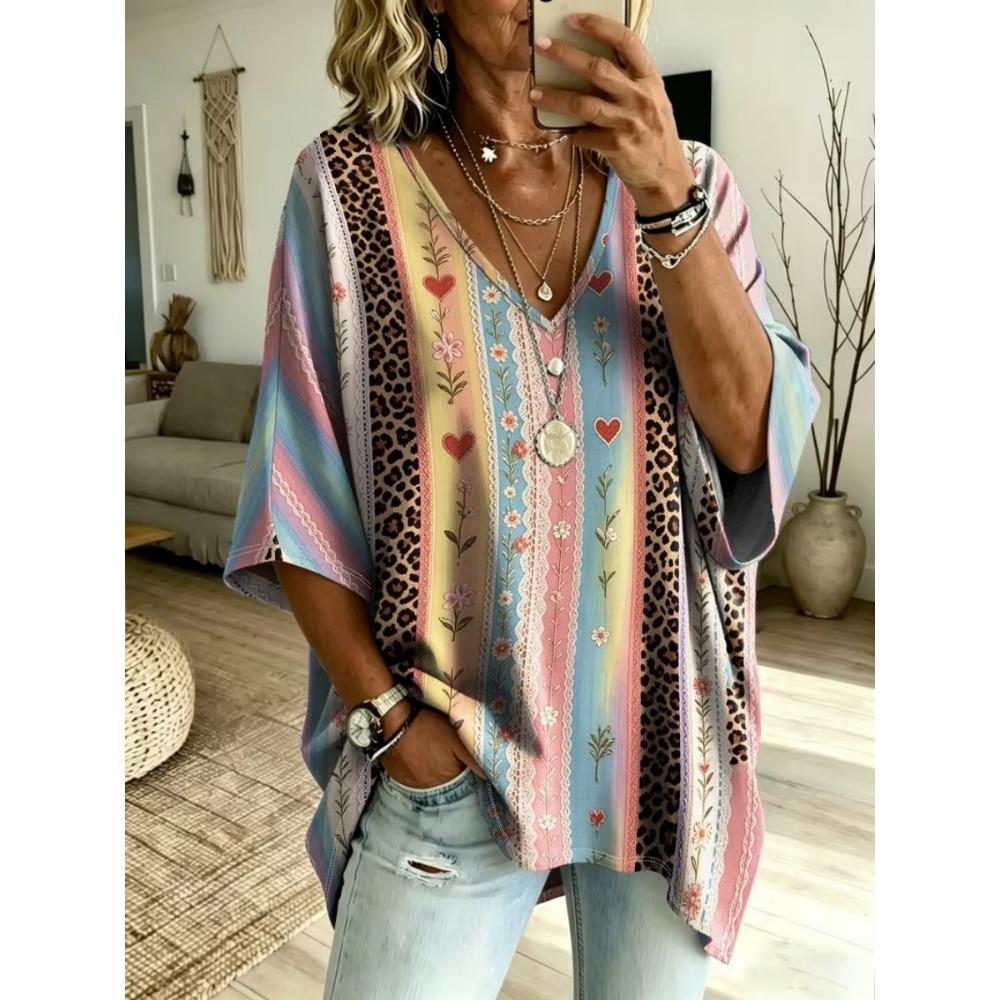 Plus size women's simple patchwork leopard pattern print V-neck top three-quarter sleeves loose plus size casual daily T-shirt