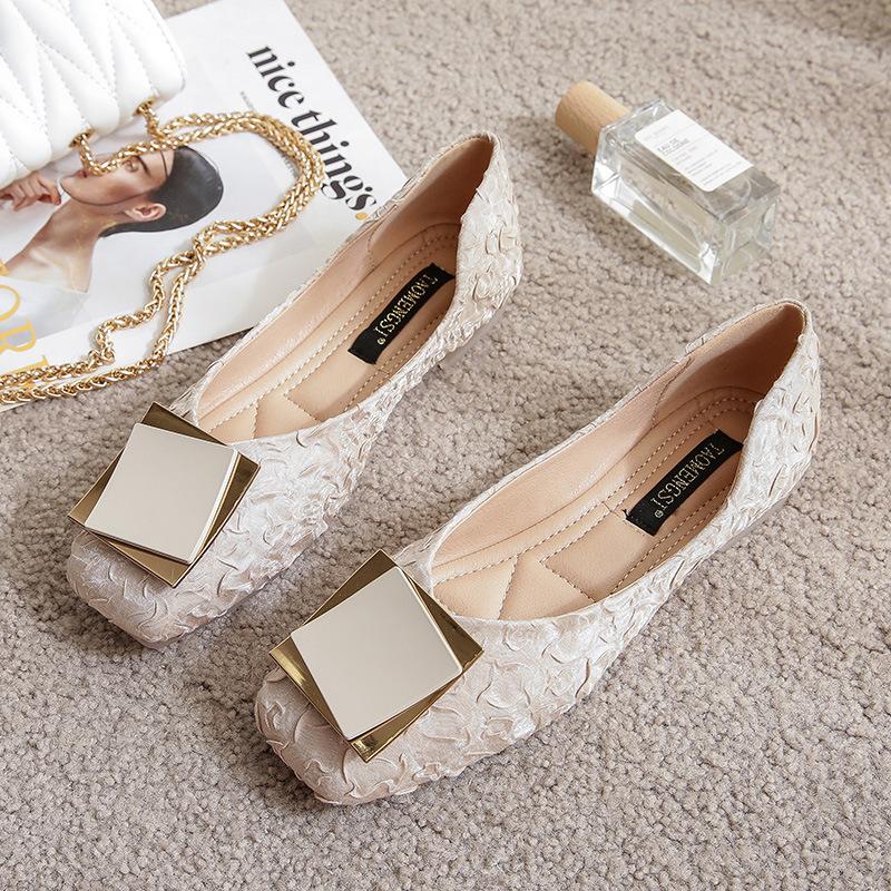 Square Head Large Size Single Shoes Women's Square Buckle Soft Flat Bottom One Pedal Doudou Shallow Mouth Large Size Ladyshoes Size 34-42