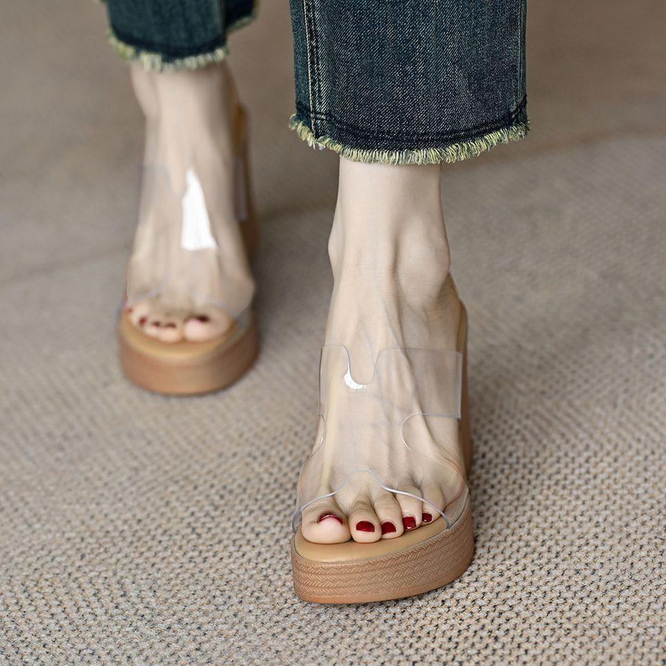 High-heeled one-word women's 2025 summer new open-toed outer wear small height-increasing thick-soled PVC transparent cool slippers