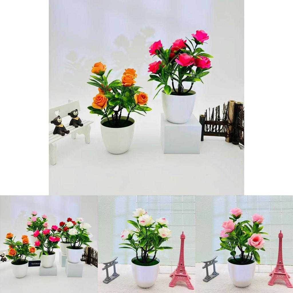 Artificial Seven Rose Desktop Plant With Miniature Greenery For Wedding Decor