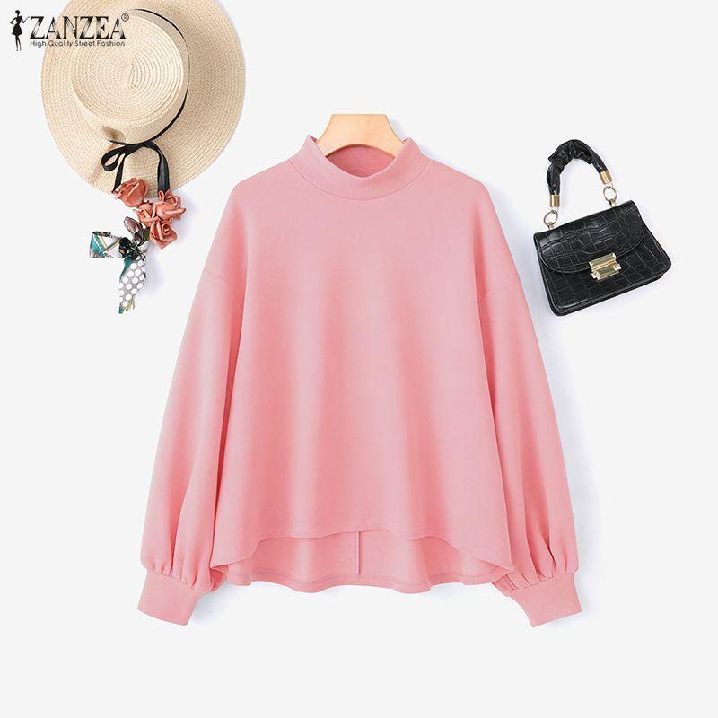 ZANZEA Women Casual Stand Collar Loose Long Sleeve Pullover Tops
