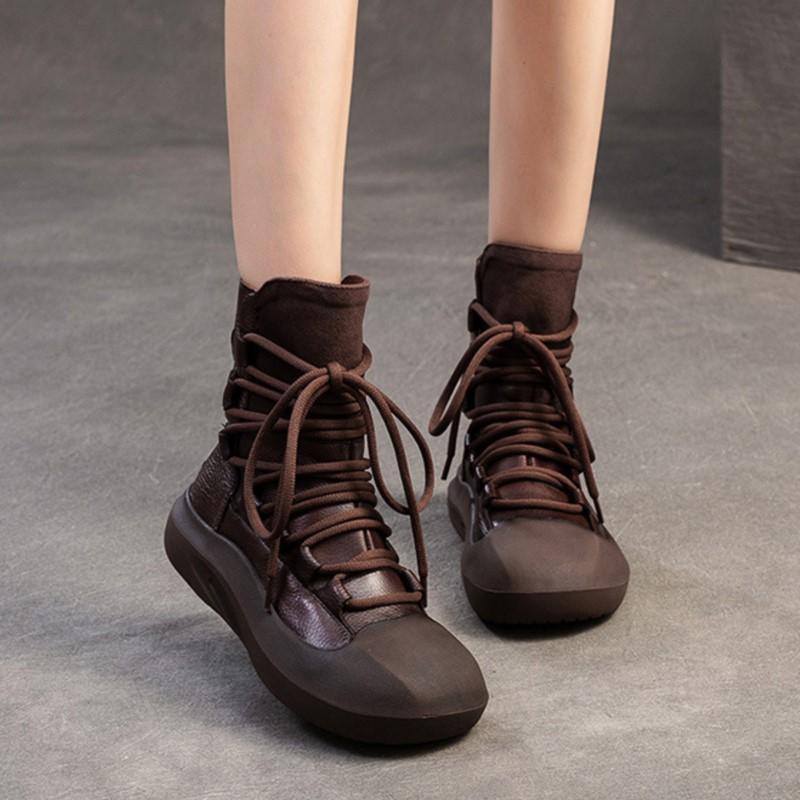 Johnature Botas retrô de cano médio com sola grossa e couro legítimo com cadarço, sapatos femininos