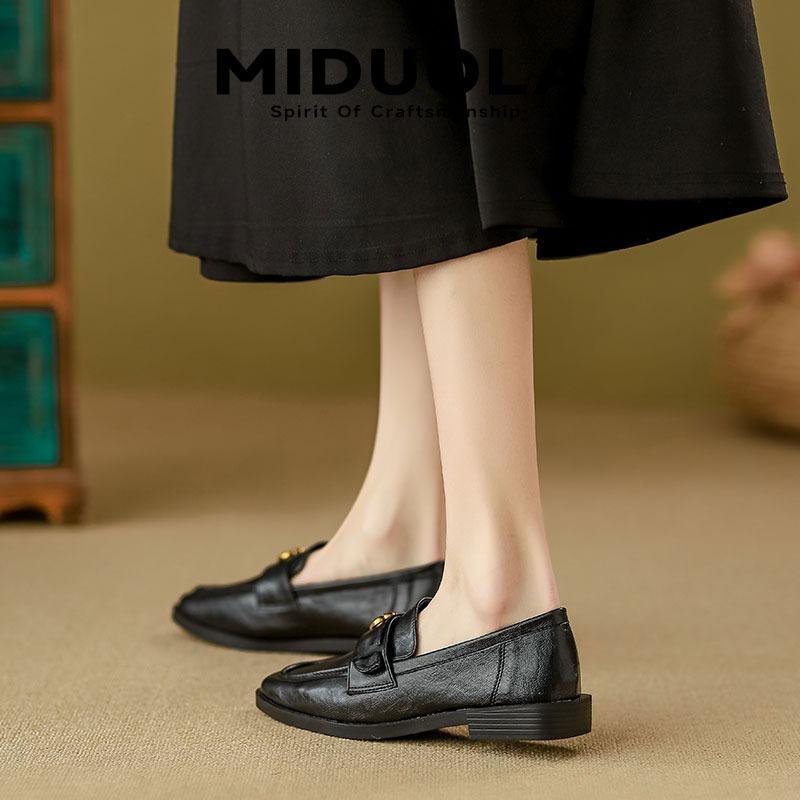Super soft leather black camellia spring and autumn new one-pedal platform single shoes women