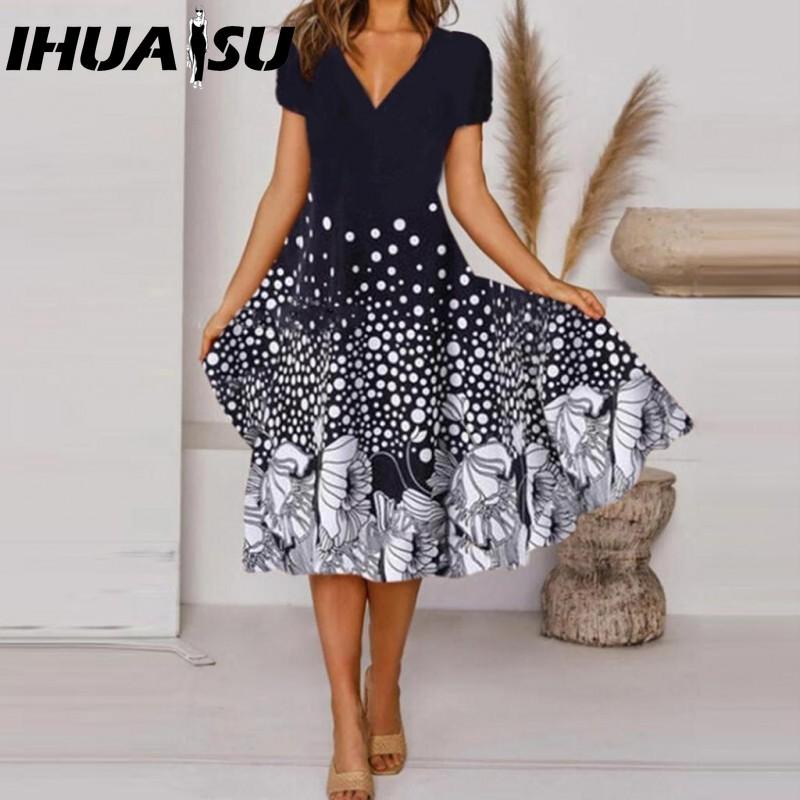 IHUASU Vestido midi de talla grande con escote en V, manga corta, dobladillo alto, informal, estampado floral colorido