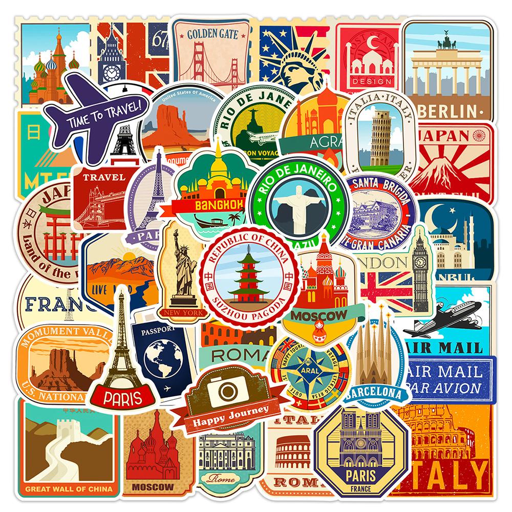 10/30/50pcs Retro World Travel City Landmark Stickers Cartoon Landscape Decals DIY Water Bottle Phone Luggage Sticker Decoration
