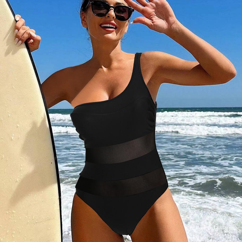1011 Direct Supply Europe and America New Swimsuit Women's Shoulder Sexy One-piece Bikini Solid Color Swimsuit