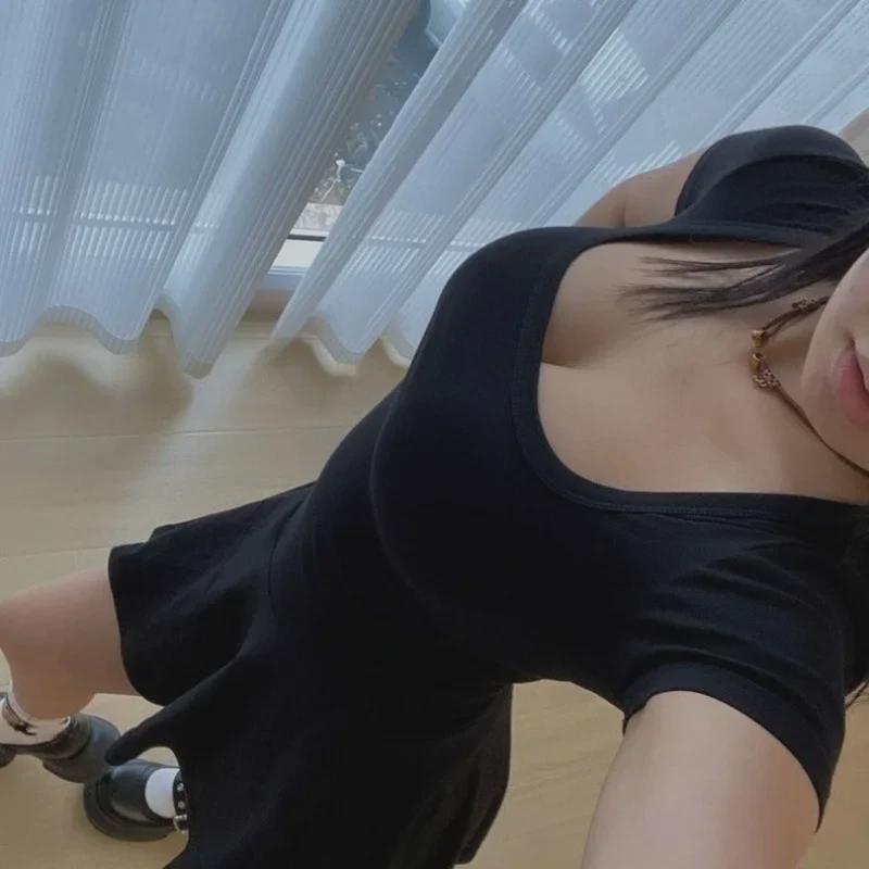 Summer 2025 Black Square Neck Short Skirt Dress for Girls