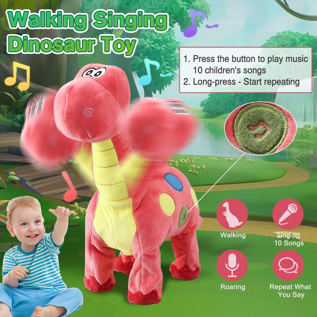 Walking Electric Pink Dinosaur Singing Toy , Noding, Roaring, Repeating What You Say, Touch & Button Control Realistic Robot Musical Animated Plush