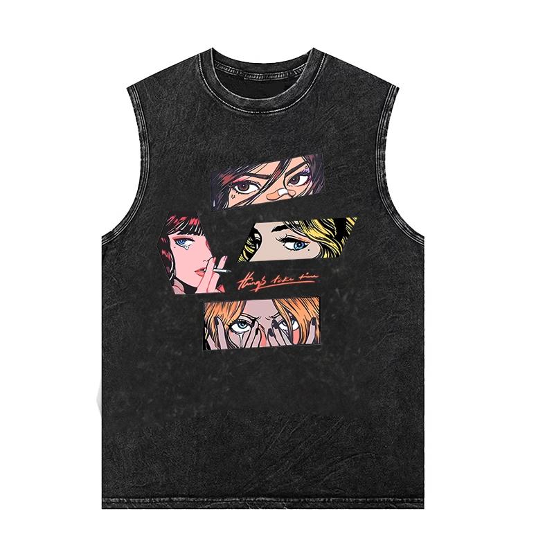 

Аниме Принт Выстиранный Жилет Винтажный Спортивный Фитнес Мужская Футболка с Коротким Рукавом Свободная Оверсайз Майка Одежда для Тренажерного Зала Лето 3XL