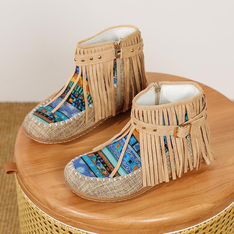 Fashion 2025 Autumn Niche National Style Tassel Short Boots for Women Casual and Comfortable Versatile Thick Soled Women's Short Boots