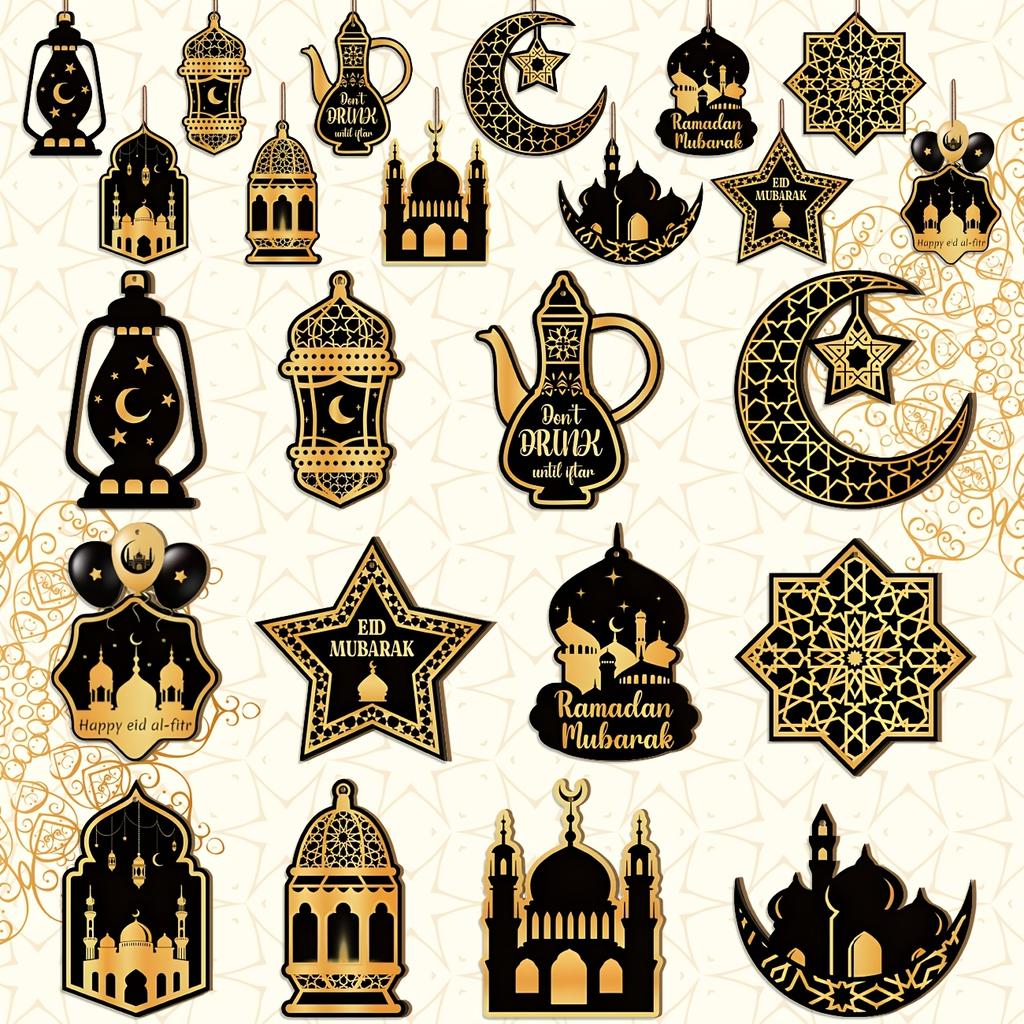 24pcs Ramadan Eid Mubarak Hanging Ornaments, Black Golden Star Moon Lantern, Wooden Islamic Festival Decor, Eid Al-Fitr Home Wall Decorations