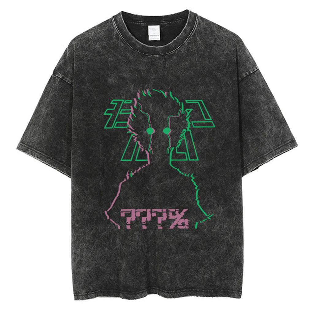 Anime Mob Psycho Graphic Washed T Shirt Men Streetwear Harajuku Vintage Cotton T-Shirt Summer Short Sleeve Casual T Shirt