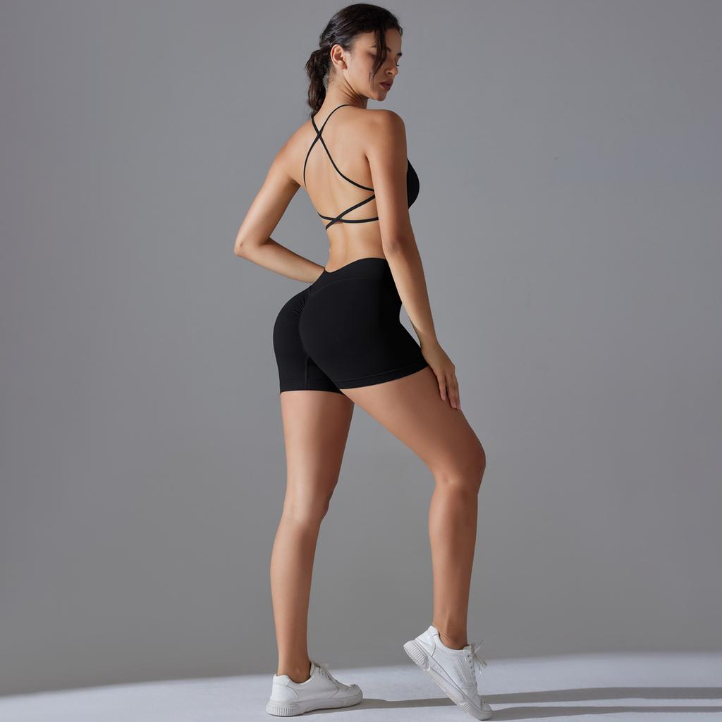 Seamless Solid Color Cross Beauty Back High Elastic Tight Sports Underwear Yoga Suit Running Fitness Two-piece Set