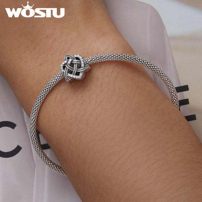 WOSTU 100% 925 Sterling Silber Keltischer Knoten Herzförmige Retro Anhänger Perlenbesetzt Für Frauen Passend Original DIY Armband Halskette Schmuck