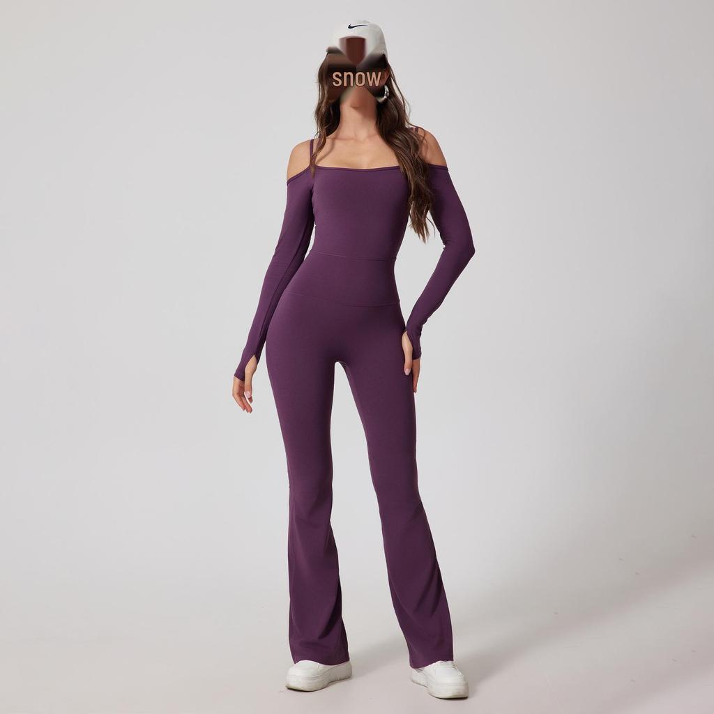 European & American Off-Shoulder Backless Jumpsuit with Double Shoulder Straps, Long Sleeves & Flared Pants