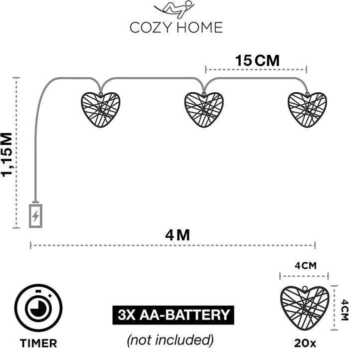 Guirlande lumineuse - cobus - 4 mètres - 20 led - cœurs dorés - intérieur