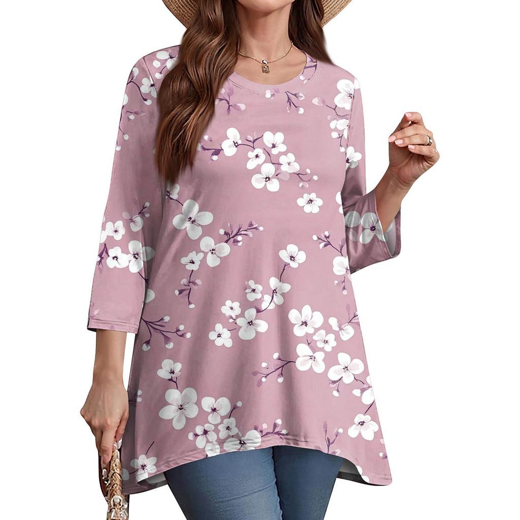 Women's Fashion Casual O-Neck 3/4 Sleeve Loose Printed T-Shirt Ladies Top