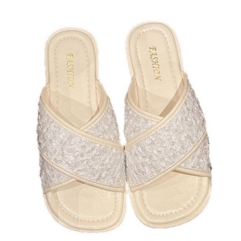 Flat bottom beautiful small cool slippers women's summer wear new high-end silver sequins with skirt one-word drag
