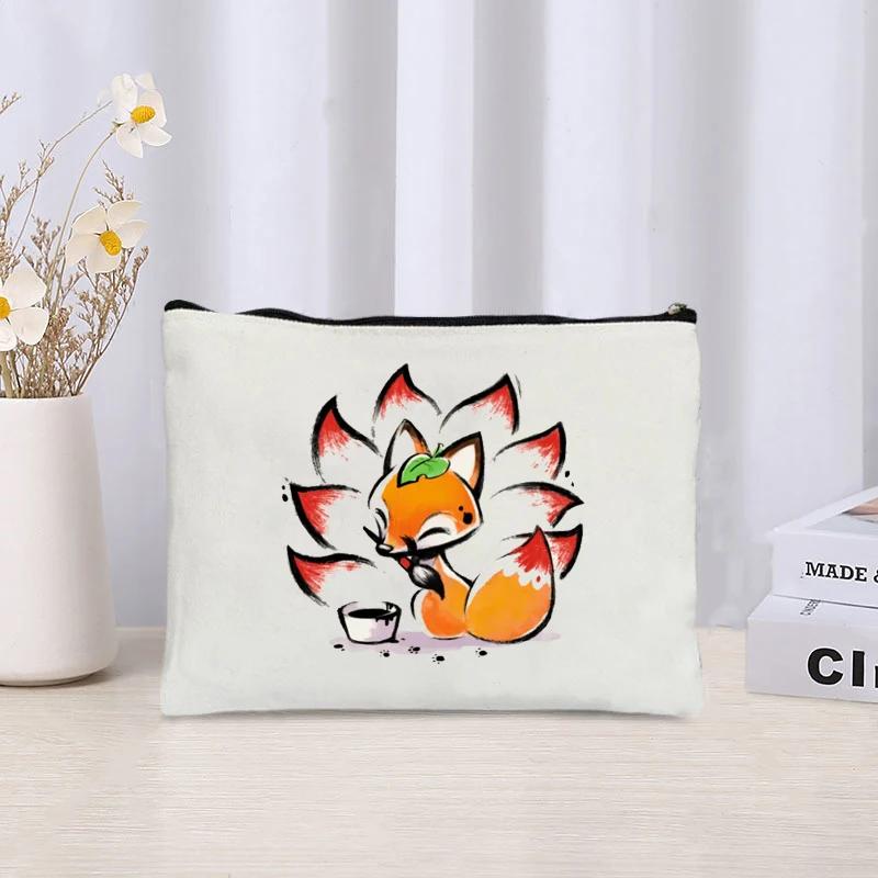 Fox Print Canvas Bag Organizer Retro Zipper Perfume Lipstick Cosmetic Bag Sundries Stationery Office Supplies Storage Pencil Bag