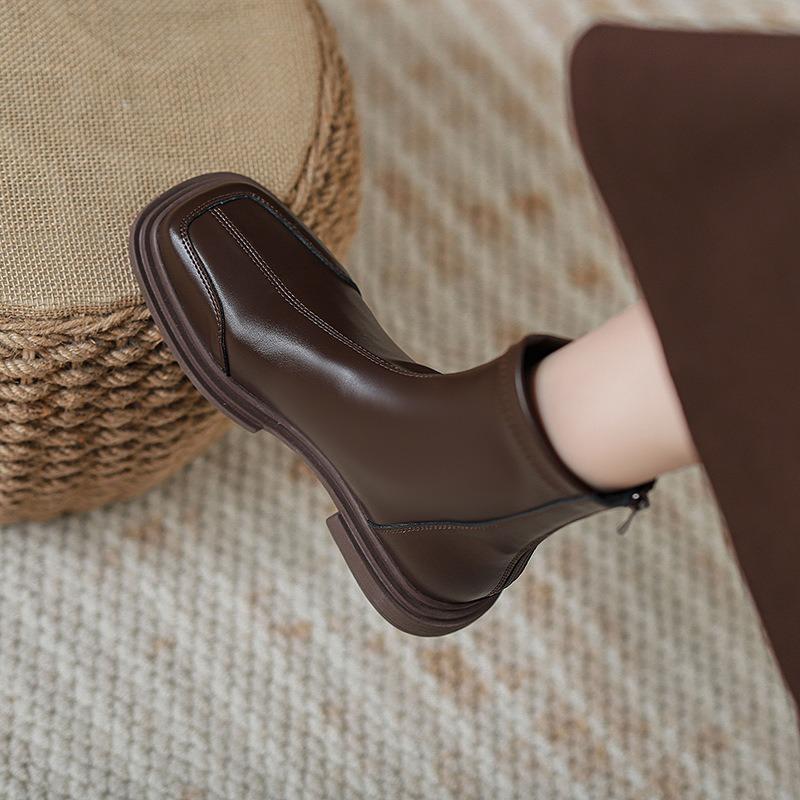 Brown Leather Martin Boots Women's New Autumn Elastic Thin Boots Square Head Short Boots