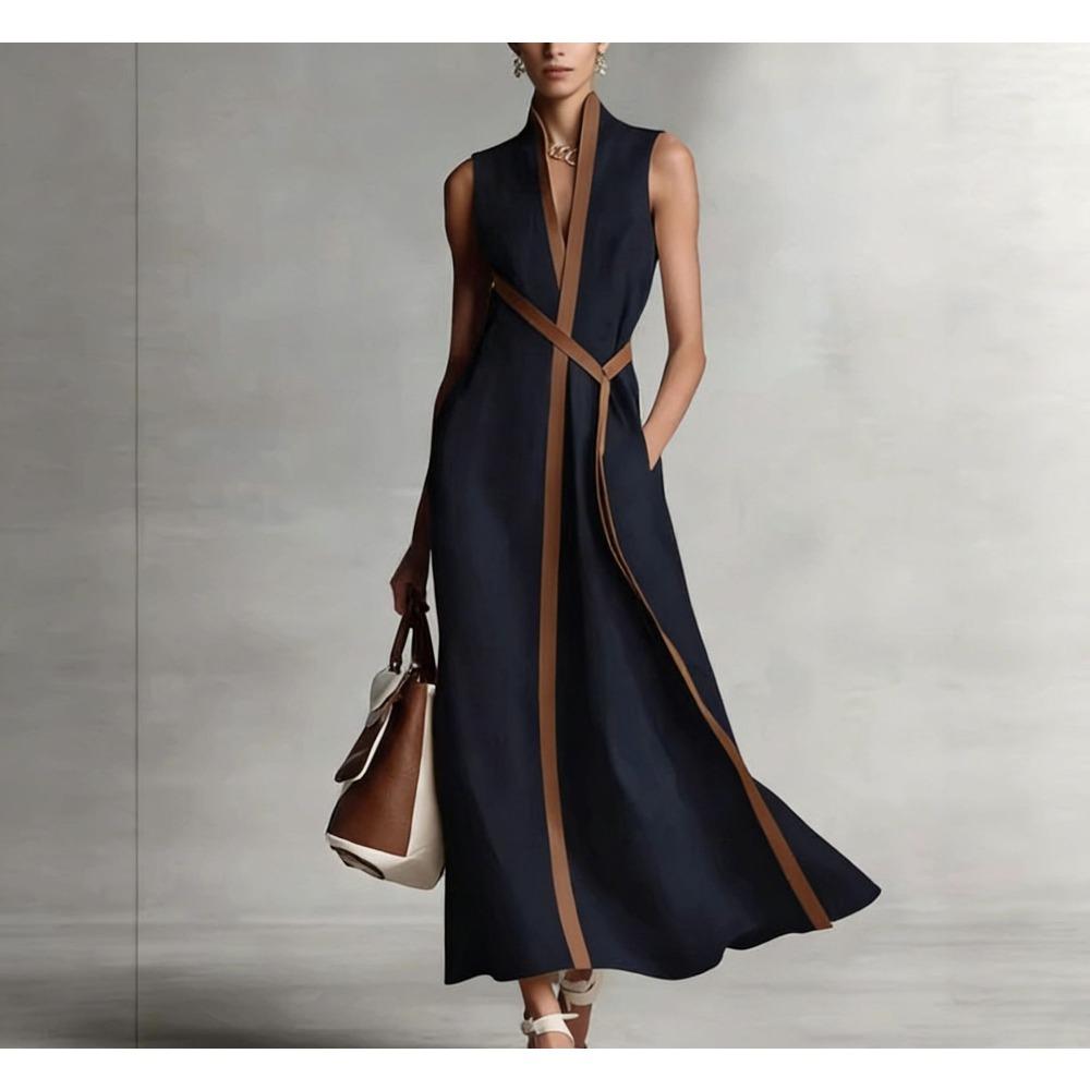European and American summer stand-up collar sleeveless casual contrasting color loose dress