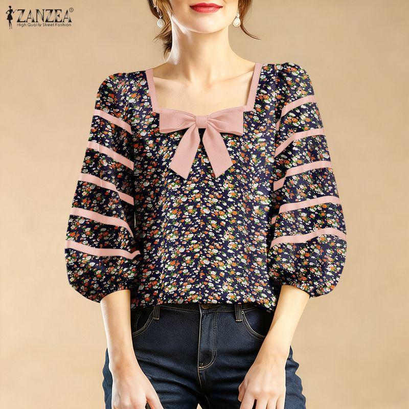 ZANZEA Women Casual Square Collar Summer Loose 3/4 Sleeve Floral Blouse