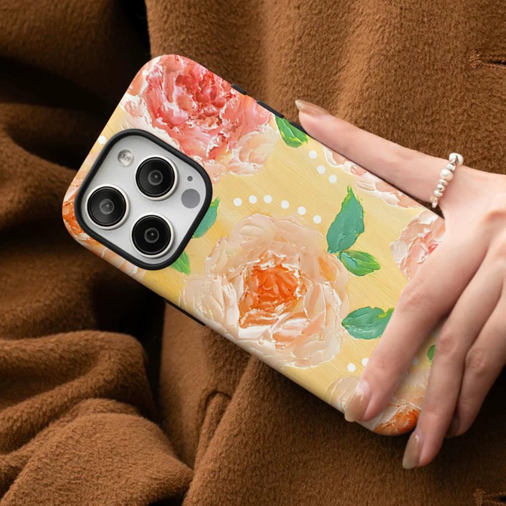 Retro Oil Painting Flowers Phone Case For IPhone 16 15 14 13 12 11 Pro Max Plus Samsung S24 S23 Ultra Glossy HD Hard PC Cover