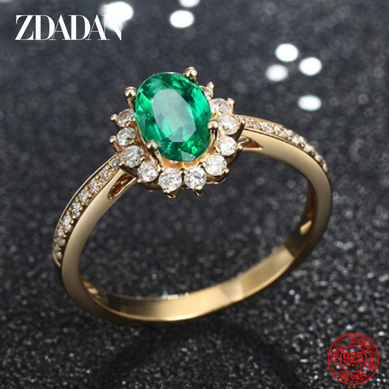 925 Sterling Silver 18K Gold Emerald Adjustable Ring for Women Girls Fashion Party Jewelry resizable