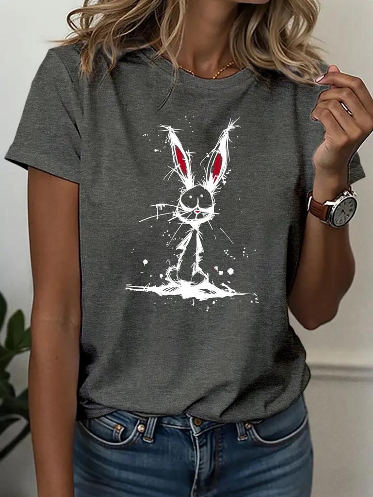 Summer Cartoon Cute Rabbit Printed Women's Short Sleeved T-Shirt Fashion Casual Oversize Tees Elegant Round Neck Woman Clothes