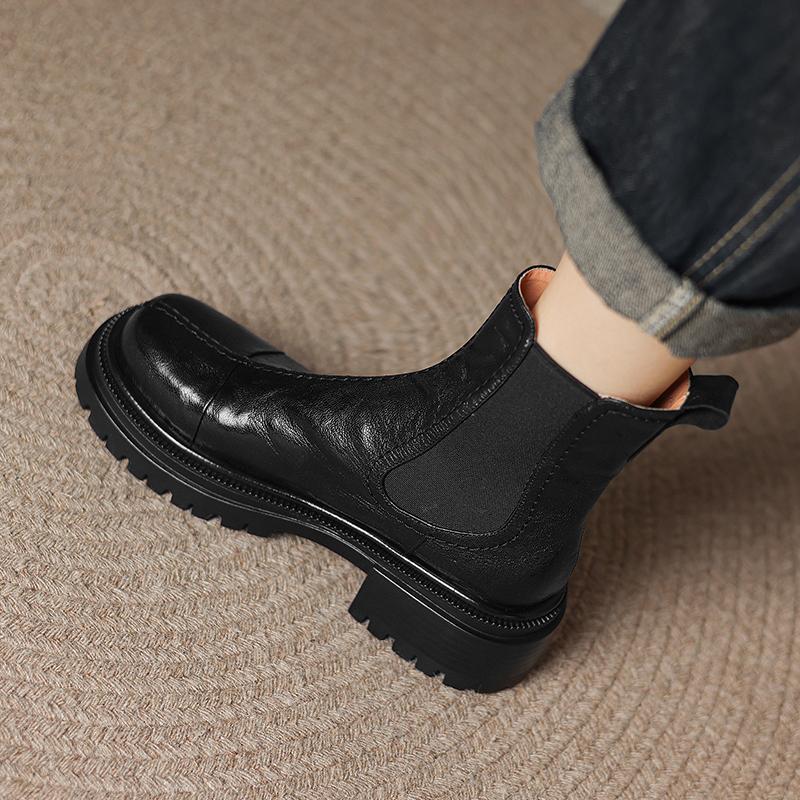 Bottes d'automne 2024 pour femmes, chaussures en cuir véritable pour femmes, bottines à bout rond, chaussures à talons épais, bottes western, chaussures à plateforme