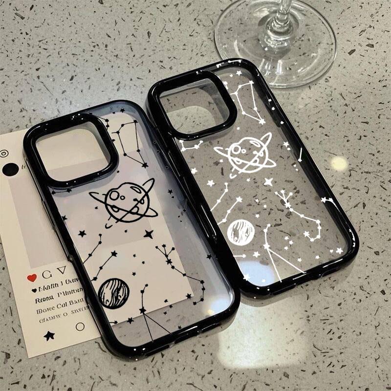 Cartoon Space Planet Phone Case For iPhone 16 15 17 14 13 12Mini 11 Pro Max XS XR 7 8Plus INS Shockproof Clear Hard Cover Coque