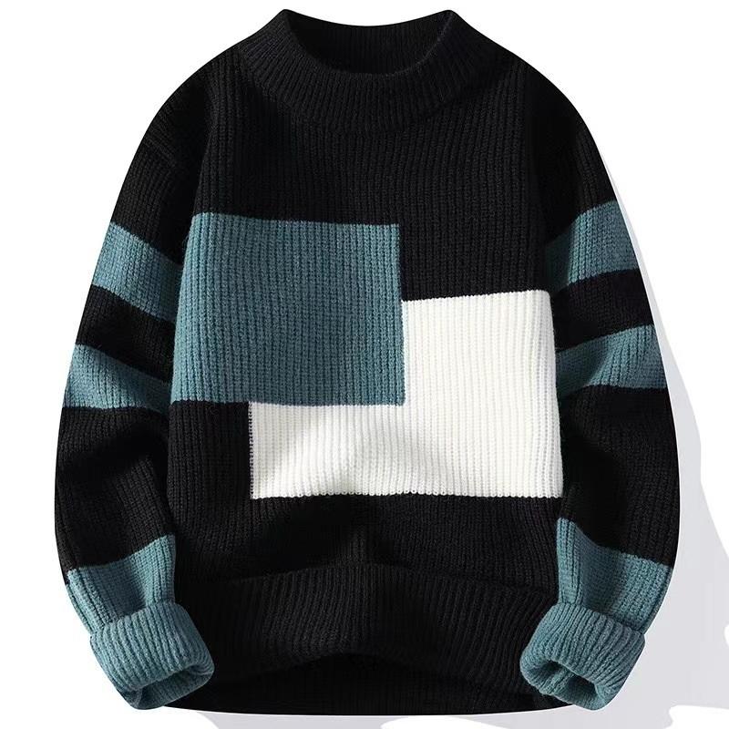 

Men s Knitted Pullover Color Blocked Round Neck Autumn And Winter Casual Warm Knit Sweater L чёрный