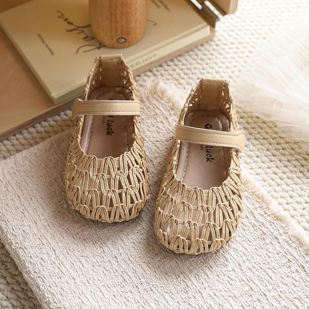 Korean Style Little Girl Princess Flats: Woven Closed-Toe Mary Janes Sandals for Summer