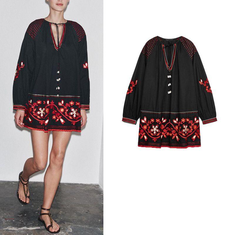 Summer New Product Women's Clothes Chest Lace-up Loose Ethnic Style Retro Embroidered V-neck Short Dress 2903042