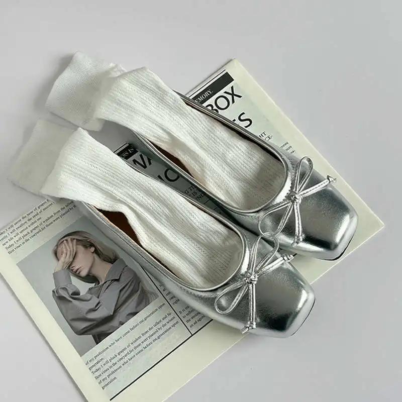 Silver Ballet Flats Women's Spring New Butterfly Knot Slip-On Shoes Round Toe Rubber Bottom Simple Style Casual Loafers