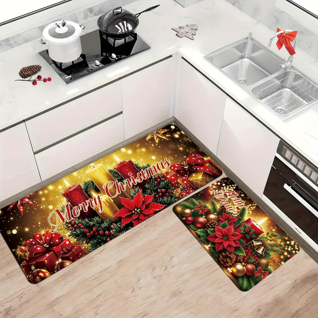 2Pcs Anti Fatigue Kitchen Rugs Merry Christmas Ball Waterproof Non-Slip Thick Cushioned Kitchen Mat Heavy Duty Comfort Standing Mat for Kitchen